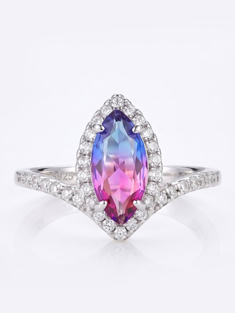 Pink Blue Marquise Gemstone Wishbone ring, 925 Sterling Silver